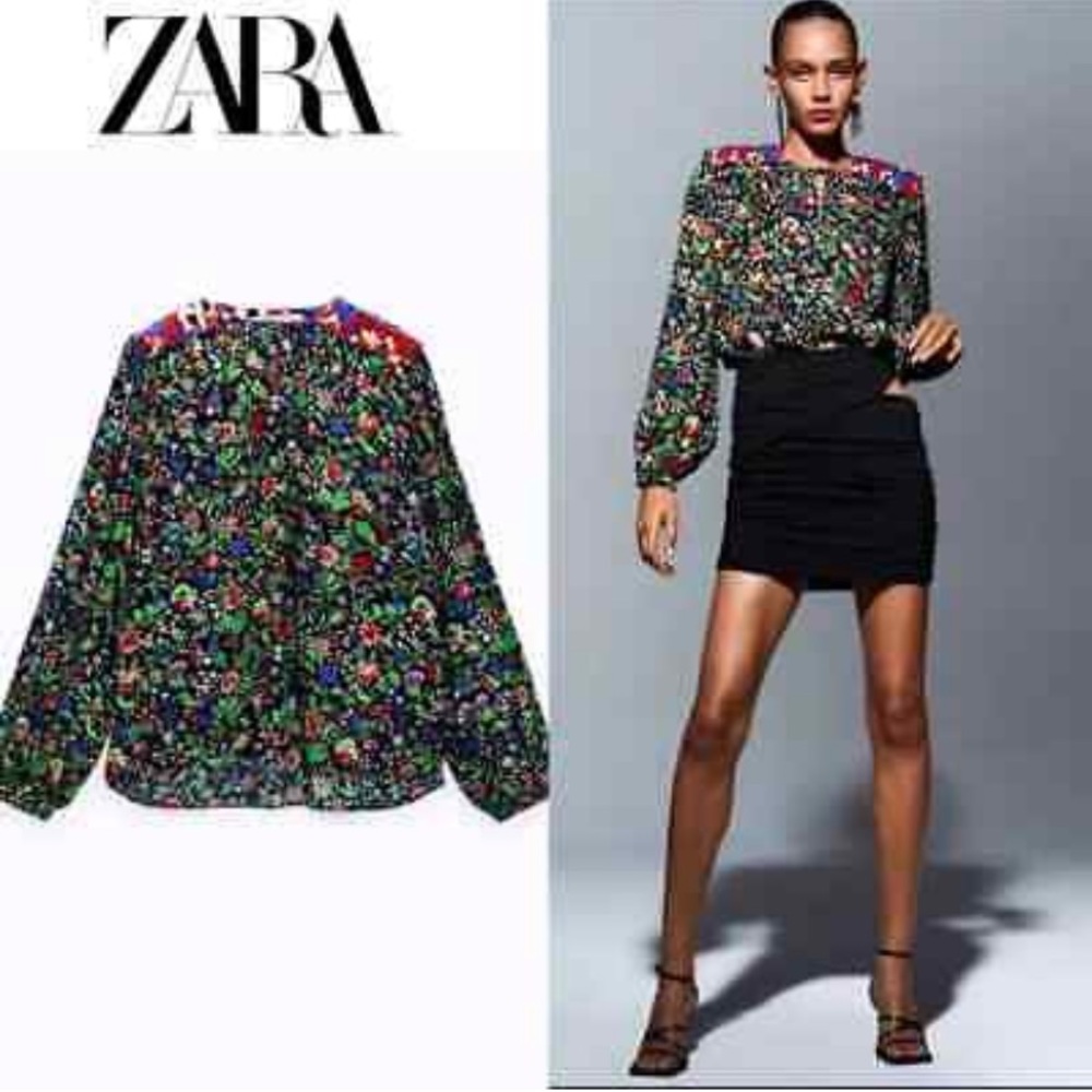 Zara floral print shoulder pad patchwork blouse